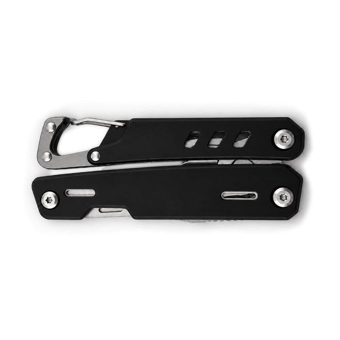 Trail Multi Tool - A multi-tool featuring a black body, metal components, and a carabiner clip for convenient attachment.