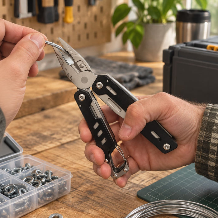 Trail Multi Tool - A multi-tool with pliers and a black handle, held in a hand above a wooden workbench with various tools and accessories.