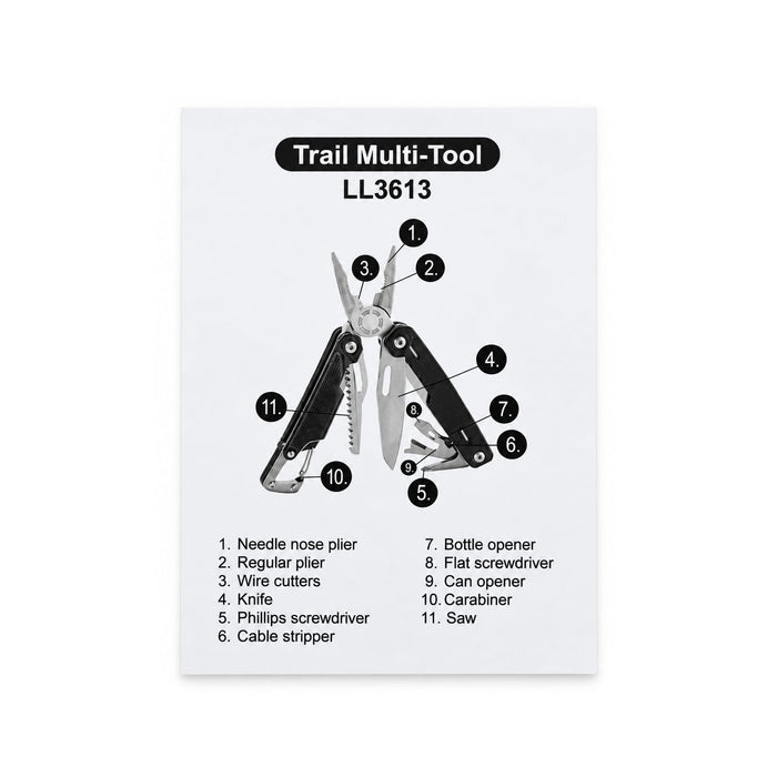 Trail Multi Tool - A multi-tool featuring a black and silver design with various tools including pliers, screwdrivers, and a knife.