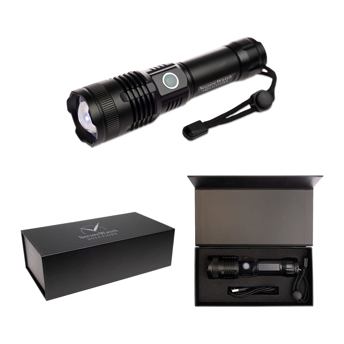 Lumi Rechargeable Torch - A black rechargeable torch with a wrist strap, presented in a sleek box with a protective insert.