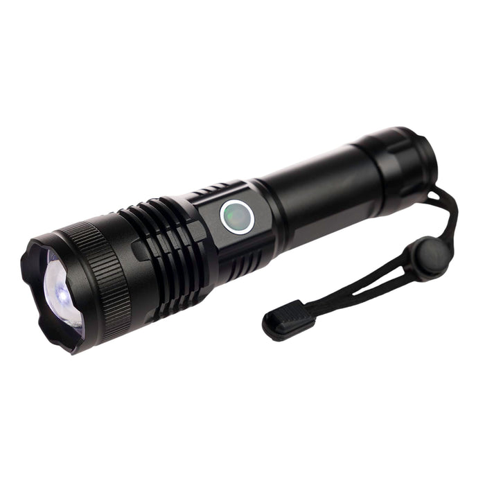 Lumi Rechargeable Torch - A rechargeable torch with a sleek black design, featuring a push-button and an attached strap for convenience.