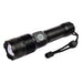 Lumi Rechargeable Torch - A rechargeable torch with a sleek black design, featuring a push-button and an attached strap for convenience.