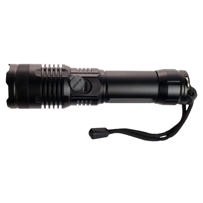 Lumi Rechargeable Torch - A rechargeable torch with a sleek black design and a textured grip, featuring a power button and a wrist strap.