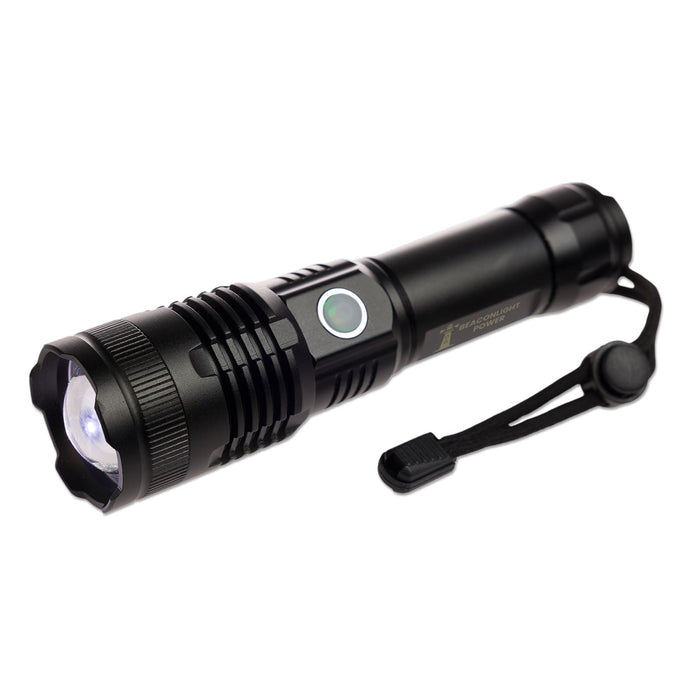 Lumi Rechargeable Torch - A sleek black rechargeable torch with a bright LED light and a wrist strap.