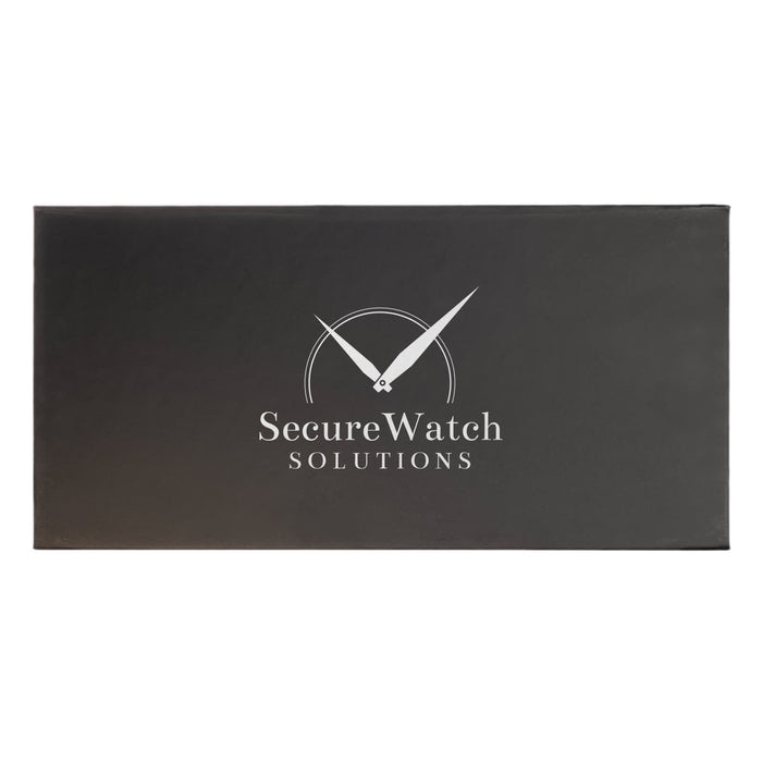 Lumi Rechargeable Torch - A rectangular black box featuring a clock graphic and a logo with the text "SecureWatch Solutions."