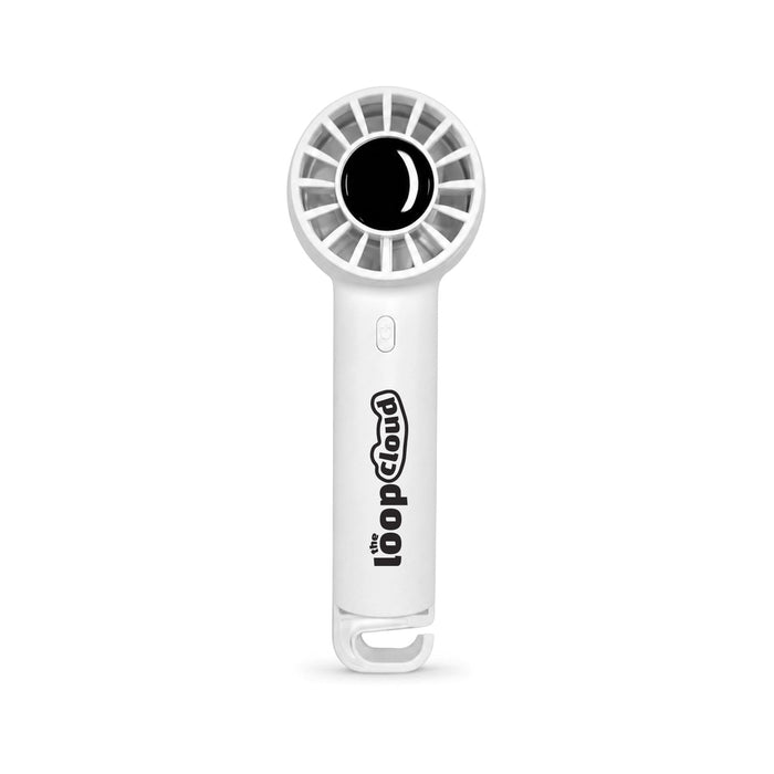 Nomad Rechargeable Fan - A white rechargeable fan with a circular head and a branding logo on the handle.