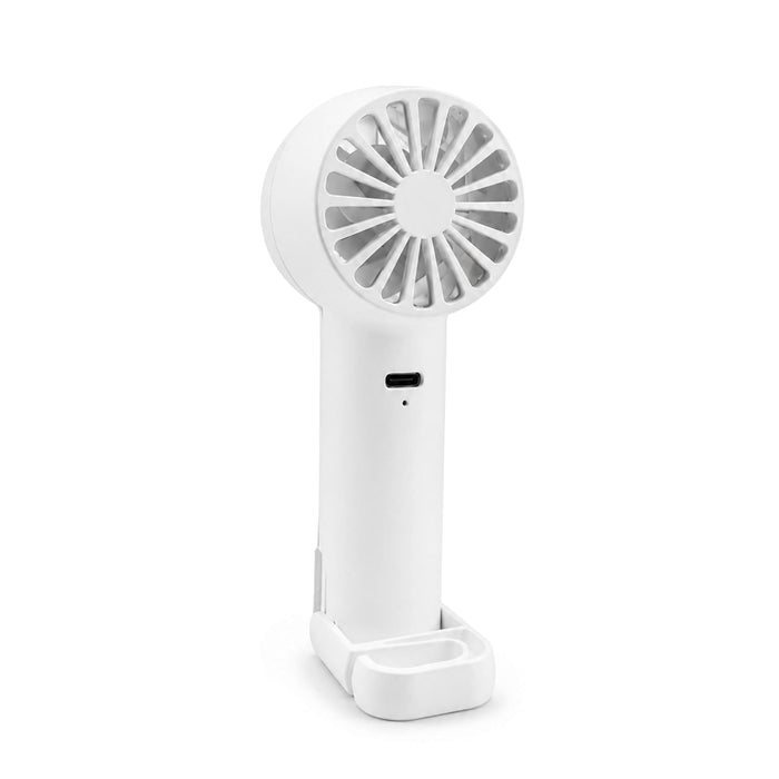 Nomad Rechargeable Fan - A white rechargeable fan with a circular head and a charging base, featuring a small multi-port at the back.