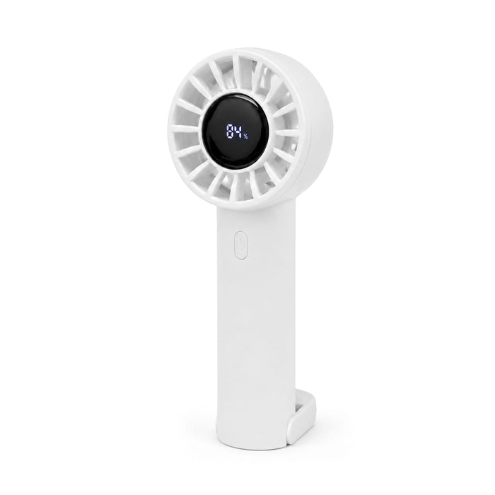 Nomad Rechargeable Fan - A white rechargeable fan with a circular fan head and a digital display on the handle. It has a logo on the front.