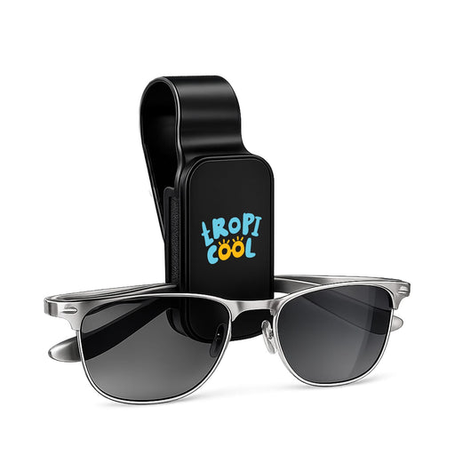 Visor Glasses Holder - A black visor glasses holder with a clip and silver sunglasses featured in front. Includes a logo design.