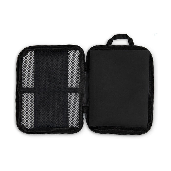 Vision Sports Towel - A black zippered pouch with a mesh section and an interior pocket, featuring a handle on the outside.