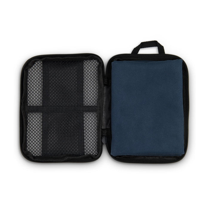 Vision Sports Towel - A navy blue sports towel enclosed in a black zippered case with mesh pockets on one side.