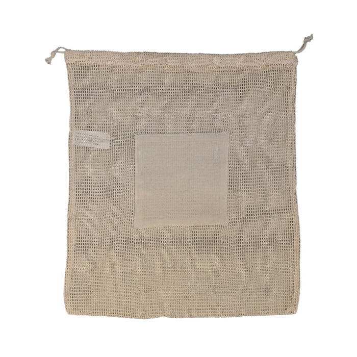 Eco Pack - A beige mesh produce bag with a drawstring closure and a small pocket on the front. It features a branding logo.