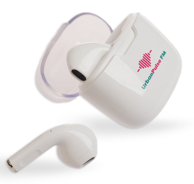 Twista Earbuds - White Twista Earbuds with a charging case, featuring a logo on the case and one earbud displayed outside.