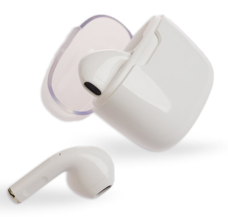 Twista Earbuds - A pair of white Twista Earbuds with a charging case. One earbud is shown separately alongside the case.