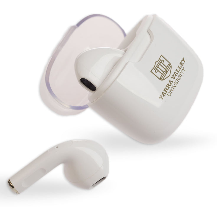 Twista Earbuds - White Twista Earbuds with a charging case, featuring a logo, positioned against a plain background.