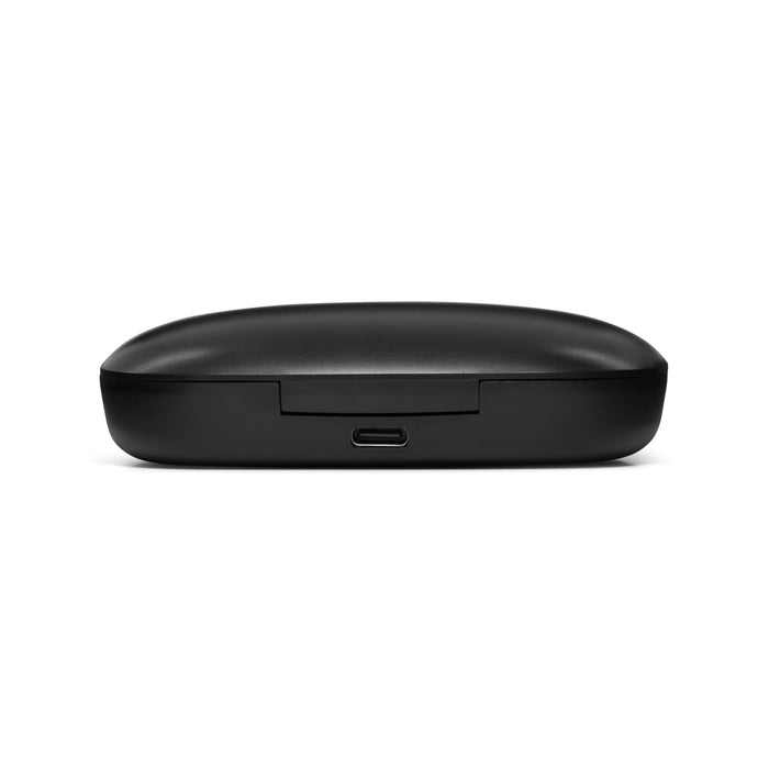 Loop Earbuds - A black charging case for earbuds with a USB-C port on the bottom. It has a smooth, rounded design.