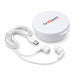 Nico Type C Earbuds - White Type C earbuds with a charging cable, stored in a rounded white case featuring a logo.