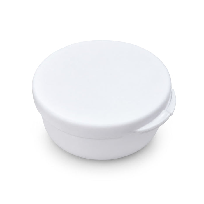Nico Type C Earbuds - A white circular container with a flat lid and a small handle on the side.