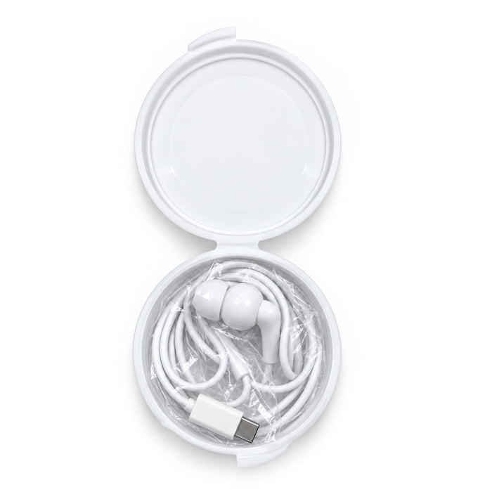 Nico Type C Earbuds - A white circular case containing white Type C earbuds with a charging cable, neatly arranged inside.