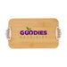 Lunch & Latte Kit - A bamboo lunch box with a dual-compartment design and a logo on the top. It features white clips for fastening.