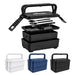Meridian Double Tray Lunchbox - A black lunchbox with a handle and two stacked trays, accompanied by utensils. Features white and blue colour variations.