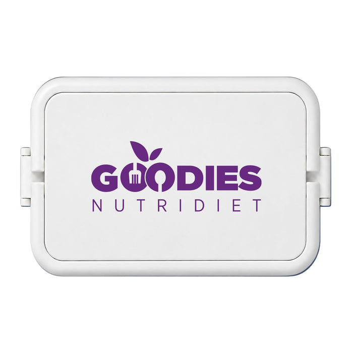 Meridian Double Tray Lunchbox - A white double tray lunchbox with a logo in purple, featuring compartments for food storage.