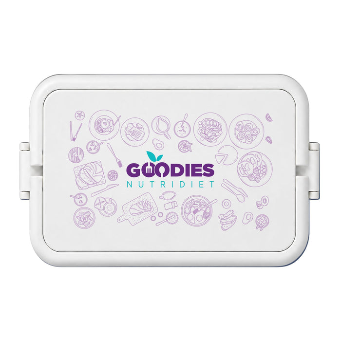 Meridian Double Tray Lunchbox - A white double tray lunchbox featuring a purple illustrated design and a logo on the front.