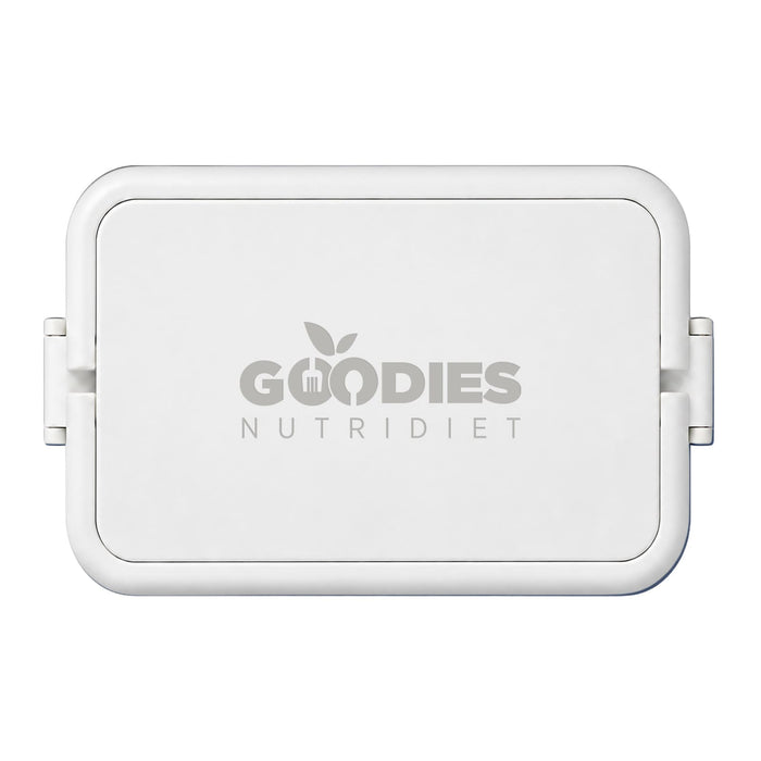 Meridian Double Tray Lunchbox - A white lunchbox with two compartments and a logo on the front.