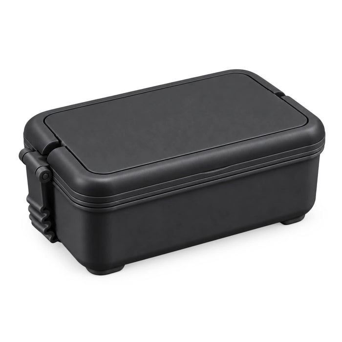 Meridian Double Tray Lunchbox - A black lunchbox with a secure lid and a compact design, featuring a logo on the side.