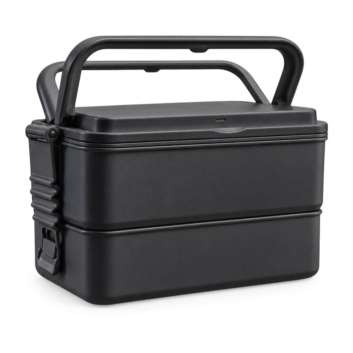 Meridian Double Tray Lunchbox - A black double tray lunchbox with a sturdy handle and secure latch, featuring a sleek design.