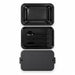 Meridian Double Tray Lunchbox - A black double tray lunchbox with a lid, featuring cutlery including a spoon, fork, and knife. It has a logo.