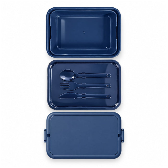 Meridian Double Tray Lunchbox - A navy blue double tray lunchbox with a matching lid and cutlery set including a spoon, fork, and knife.