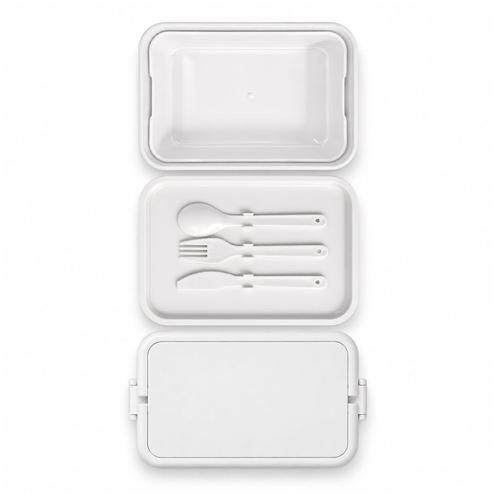 Meridian Double Tray Lunchbox - A white double tray lunchbox with a lid, featuring three utensils inside: a knife, fork, and spoon.
