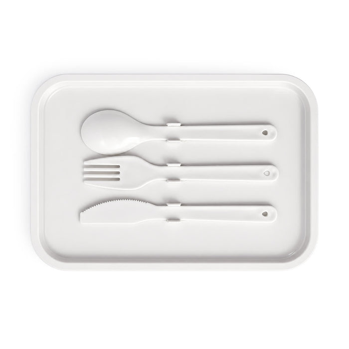 Meridian Double Tray Lunchbox - A white tray featuring a spoon, fork, and knife, all in matching plastic material. It has a branding logo.