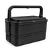Meridian Double Tray Lunchbox - A black double tray lunchbox with a handle and adjustable clips, featuring a logo on the side.