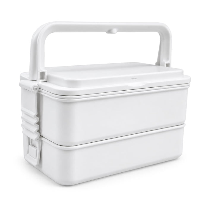 Meridian Double Tray Lunchbox - A double-layer lunchbox in white with a handle and a securing latch for easy transporting.