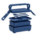 Meridian Double Tray Lunchbox - A navy blue double tray lunchbox with a handle, two stacked containers, and included cutlery. Contains a branding logo.