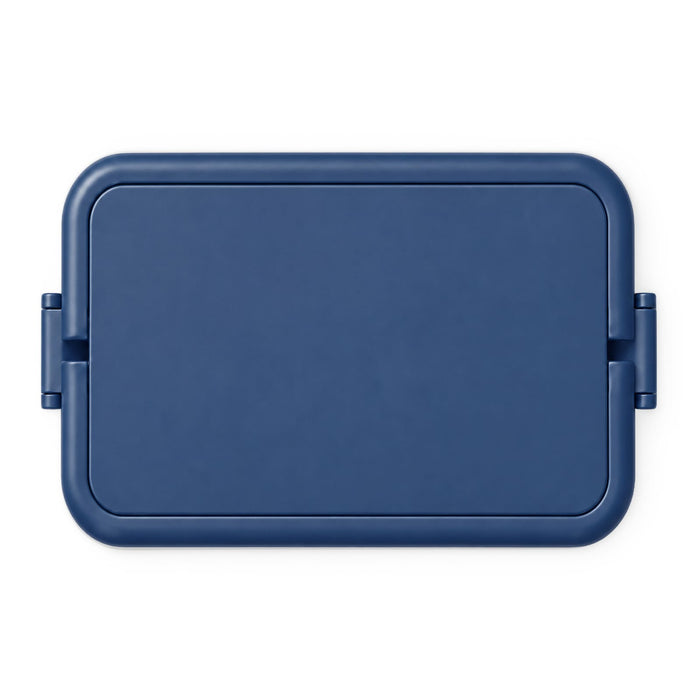 Meridian Double Tray Lunchbox - A blue double tray lunchbox featuring a secure lid and a simple design, with a logo on the surface.