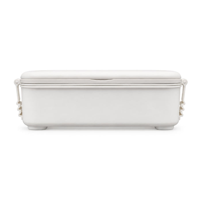 Meridian Double Tray Lunchbox - A double tray lunchbox in white with a lid and side handles, featuring a branding logo.
