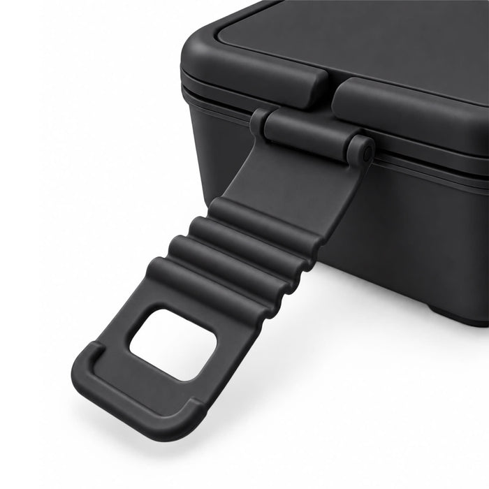 Meridian Double Tray Lunchbox - A black lunchbox featuring a detachable handle and a secure lid is prominently displayed. It has a sleek design.