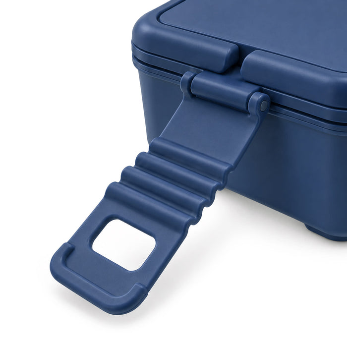 Meridian Double Tray Lunchbox - A navy blue lunchbox features a double tray design with a flexible carrying handle. It includes a logo on the surface.