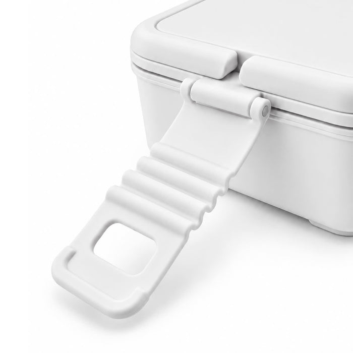 Meridian Double Tray Lunchbox - A white lunchbox with a double tray design and a secure latch for easy opening. It features a logo.