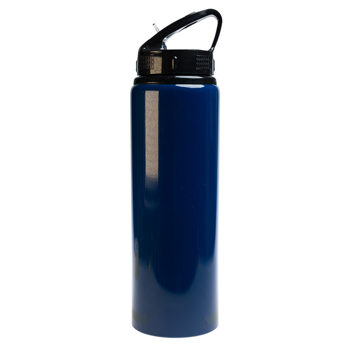 The Hustle Pack - A drink bottle in a deep blue color features a flip straw lid and a black handle. It has a branding logo.
