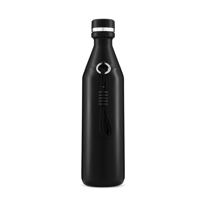 Sabrina Bottle - A drink bottle in sleek black with a silver top and a handle, featuring a logo on the side.