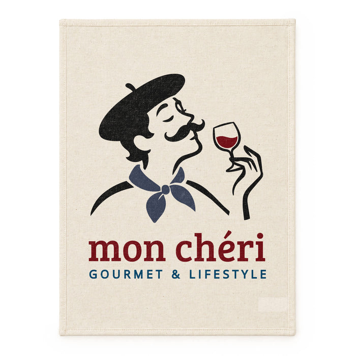 Haven Large Cotton Tea Towel - A large cotton tea towel in cream featuring a vintage-style illustration of a man enjoying a glass of wine and branding.
