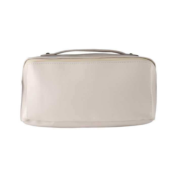 The Polished Traveller - A cream-coloured toiletry bag with a zipper closure and a carrying handle, featuring a logo on the side.