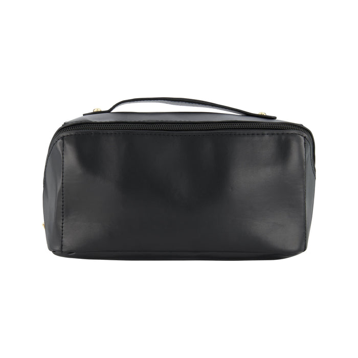 The Polished Traveller - A black toiletry bag with a zip closure and a carrying handle, featuring a logo on the front.