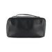 The Polished Traveller - A black toiletry bag with a zip closure and a carrying handle, featuring a logo on the front.