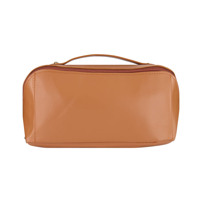 The Polished Traveller - A tan toiletry bag with a zipped closure and handle, featuring a smooth finish and a simple design.