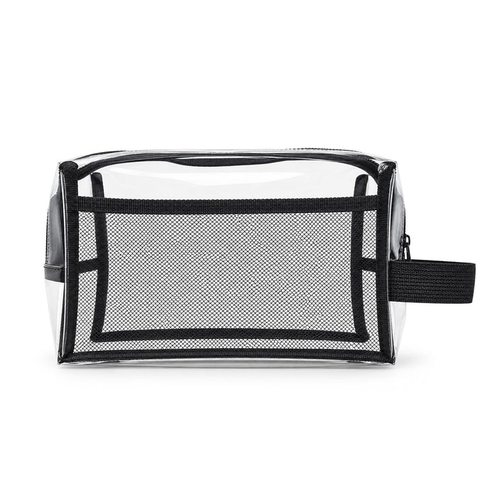 Laynie Clear Cosmetic Bag - A clear cosmetic bag with black trim and mesh detailing, featuring a zip closure and a side handle.